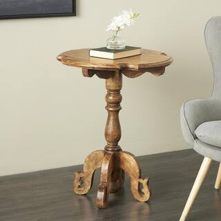 Litton Lane24 in. Brown Turned Round Mango Wood End Table with Scrolled Legs and Cutout TabletopQ... | The Home Depot