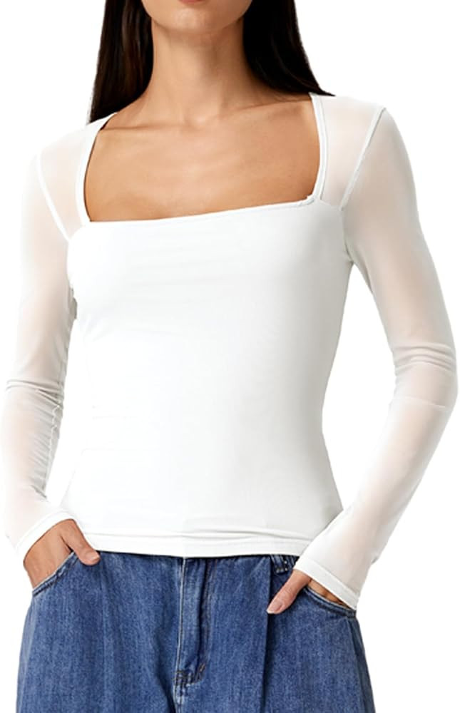 QINSEN Womens Square Neck Long Sleeve Mesh Sheer Top Double Lined Going Out Basic Shirt | Amazon (US)
