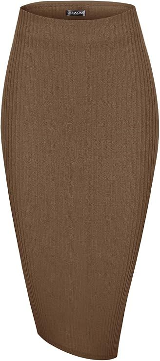 Urban Coco Elastic High Waist Knee Length Pencil Skirt Ribbed Knit Basic Tube Midi Skirt | Amazon (US)