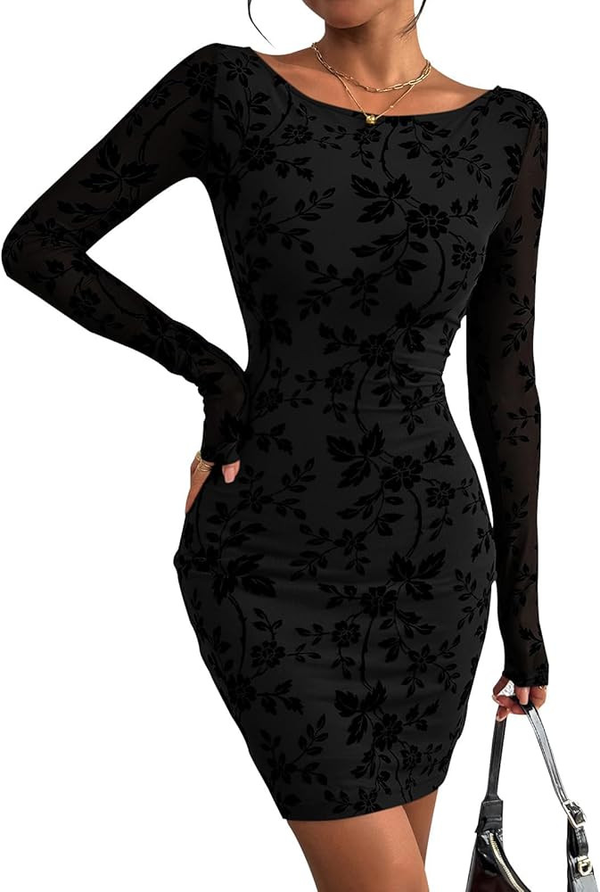 PRETTYGARDEN Women’s 2025 Fall Bodycon Mini Dresses Long Sleeve Mesh Slim Floral Wedding Guest ... | Amazon (US)
