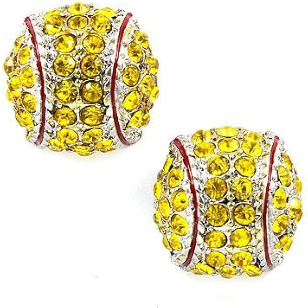 Softball Earrings Studs - Crystal Rhinestone Post Silver Bling Yellow Fastpitch 14mm Sport Fashio... | Amazon (US)