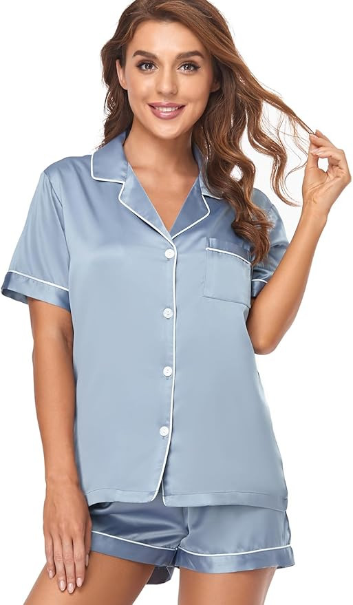 Women's Satin Pajama Set 2-Piece Sleepwear Loungewear Button Down Short Sleeve Silky PJ Set | Amazon (US)