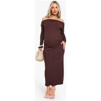boohoo Women's Maternity Rib Bardot Ruched Midaxi in Chocolate | Size: 10 | Denim/Woven | boohoo (US & Canada)