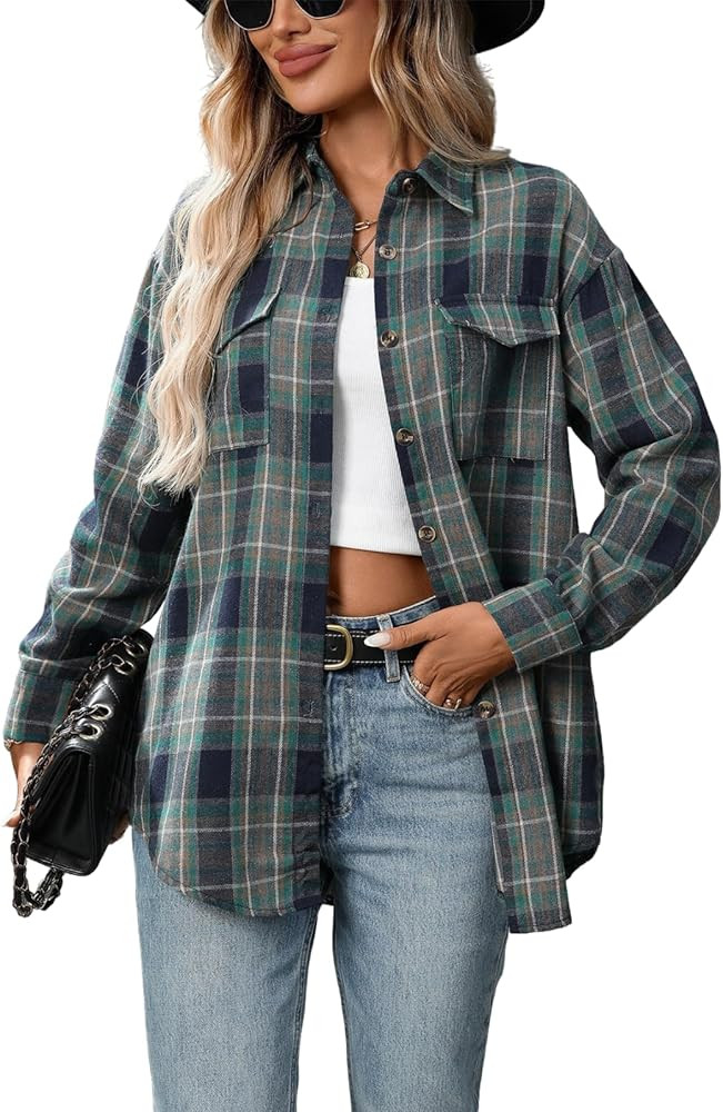 Women's Oversized Flannel Shirts Long Sleeve Button Down Plaid Shirt Business Casual Work Blouse ... | Amazon (US)