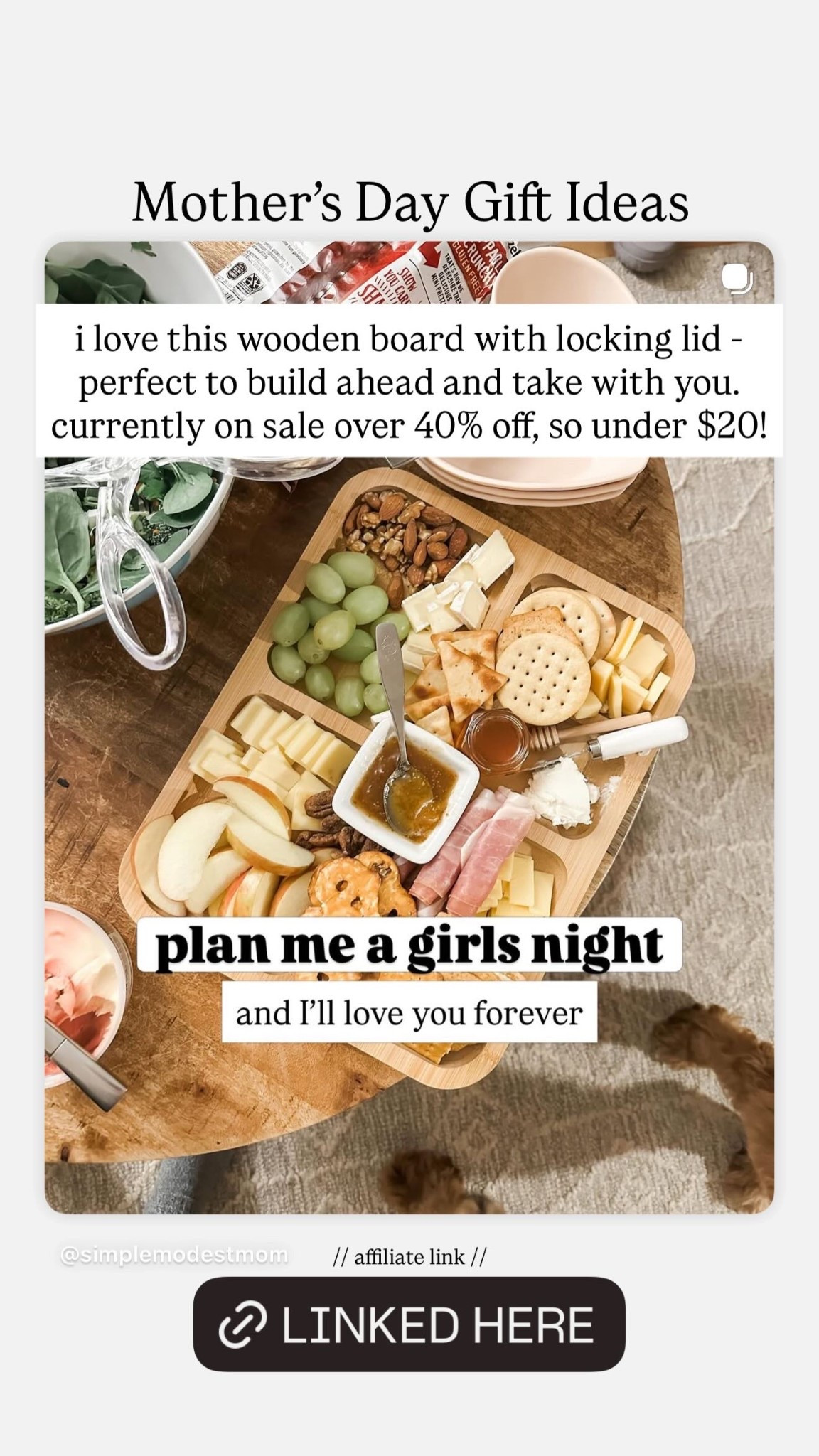 Mother’s Day Gift Ideas

i love this wooden board with locking lid - perfect to build ahead and take with you. currently on sale over 40% off, so under $20!

#LTKMothersDay #LTKSaleAlert #LTKHome
