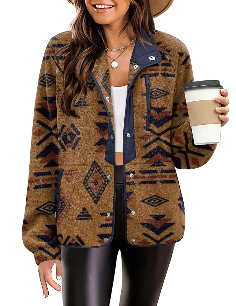 Zeagoo Women's Cozy Fleece Jacket Western Aztec Print Snap Button Down Coat with Pockets Casual W... | Amazon (US)
