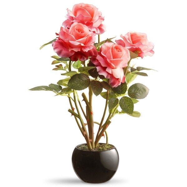 16.5" Black Round Potted Artificial Pink Rose Flowers | Bed Bath & Beyond