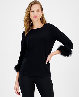 Anne Klein Women's Crewneck Feather-Trim-Cuff Sweater - Macy's | Macy's