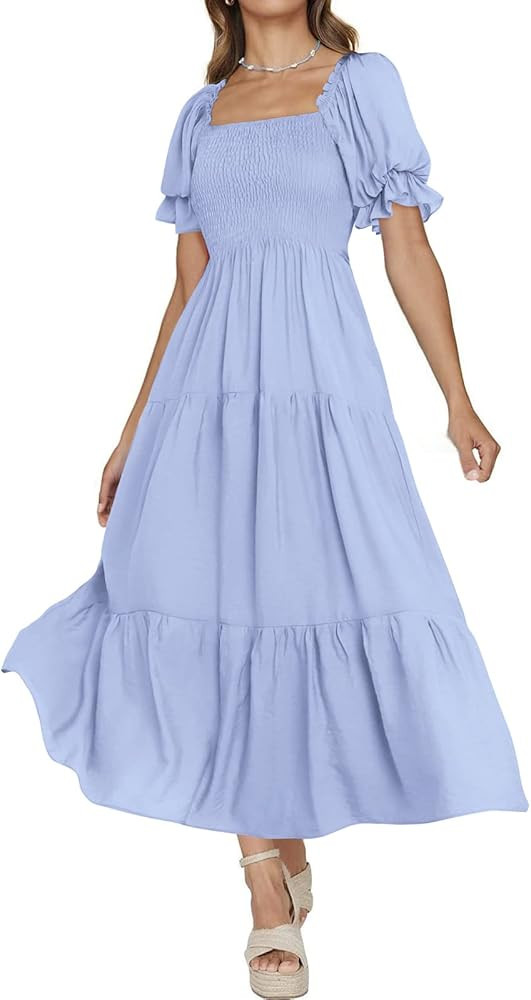 PRETTYGARDEN Women's Boho Floral Print Summer Dresses Square Neck Puff Sleeve A Line Long Dress S... | Amazon (US)