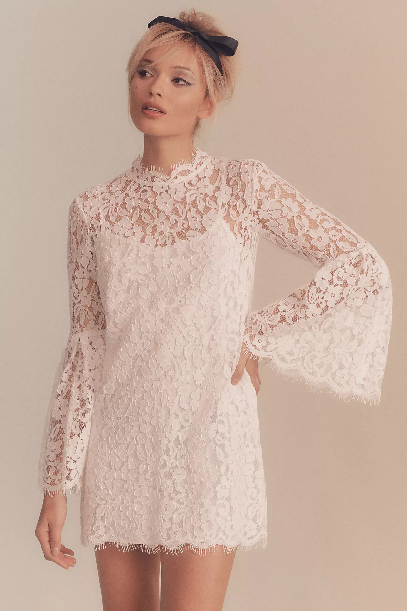 Endless Rose Mock-Neck Bell-Sleeve Lace Mini Dress | Anthropologie (US)