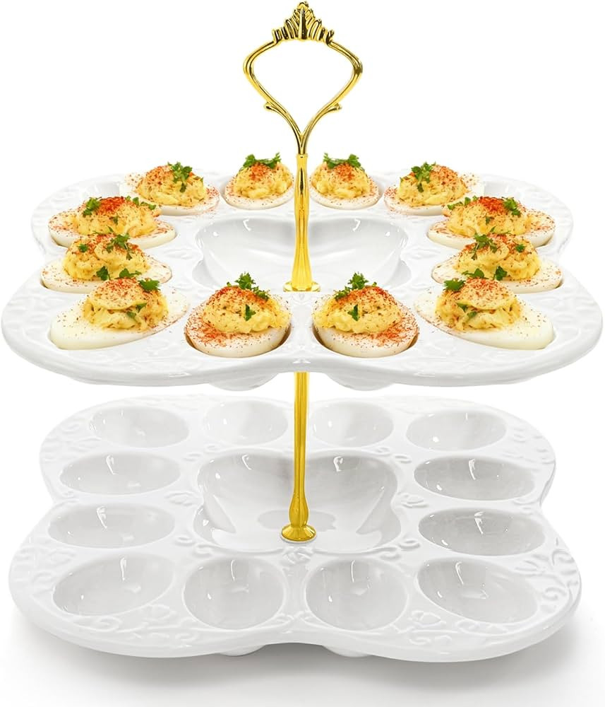 Peohud 2 Tier Ceramic Deviled Egg Platter Tray, 24 Holes Detachable Easter Egg Holder for Kitchen... | Amazon (US)