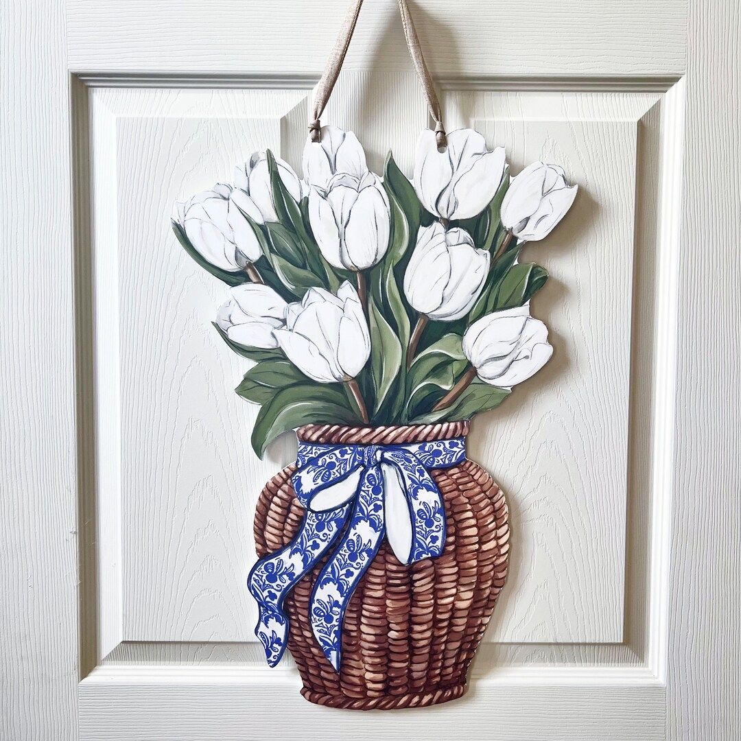 White Tulips Door Hanger-home Malone, New Orleans Art, Floral Decor, Gardening, Pretty Door Hange... | Etsy (US)