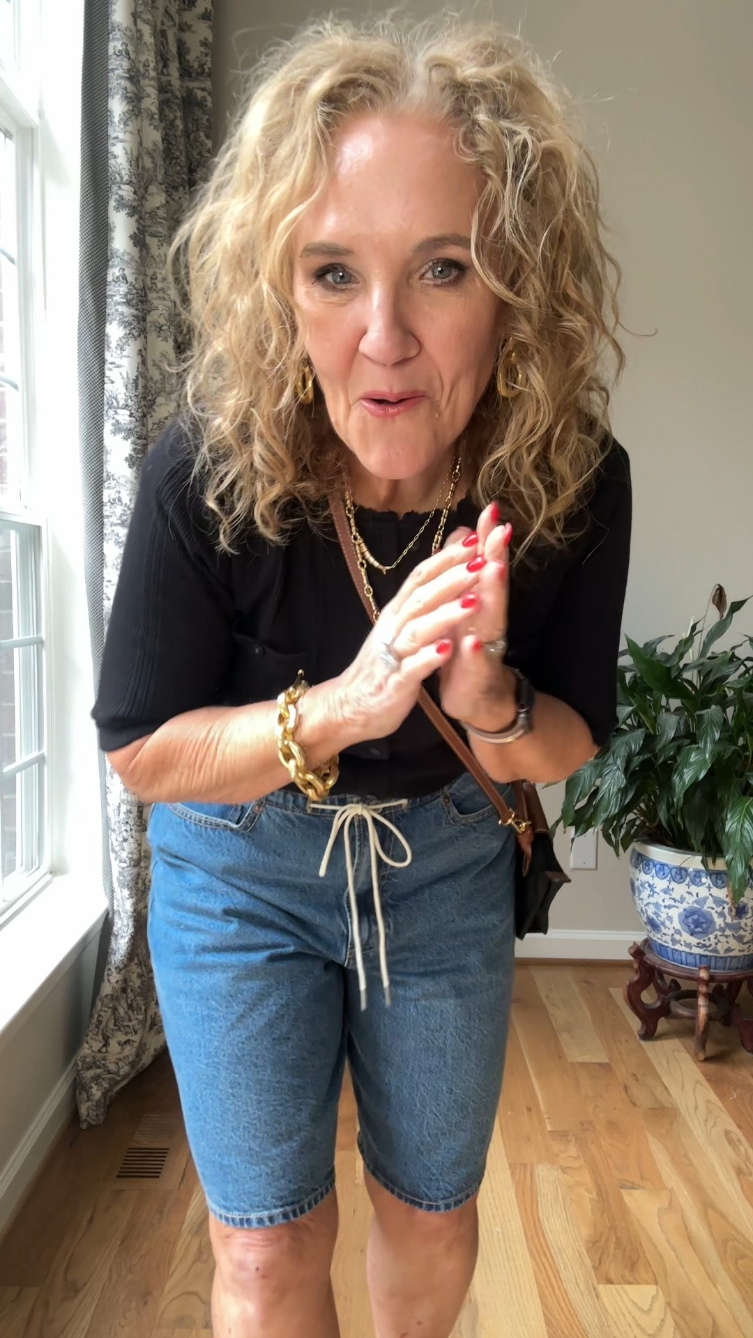 Abercrombie jorts denim shorts are absolutely a trend. I sized up to a 30. Other washes without the drawstring available. I’m linking a few other denim shorts options that are a bit more subtle. But I would suggest buying your larger size. 
Black pointelle cardigan size medium. 
Anthropologie necklace stack 20% off code SWEET20 until Sunday at Anthro 
Including these shoes. A couple different colors are available. 

Abercrombie longchamp spring trends summer outfit styling denim shorts jorts 

#LTKSaleAlert #LTKItBag #LTKOver40