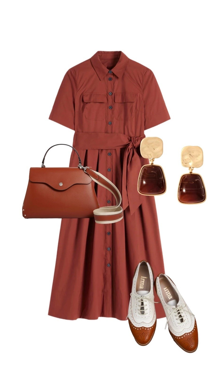 Zoe Short Sleeve Shirt Dress -in Burnt Orange - Boden

Sans Couture Medium Handbag in Smooth Leather Mahogany - Le Tanneur 

Gold Marbled Stone Drop Earrings - Mint Velvet

Vintage-Inspired Leather Oxford Shoes - Irma Boutique at Etsy

#LTKsummer #LTKuk #LTKeurope