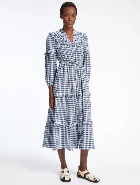 Suki Organic Cotton Seersucker Maxi Dress - Blue White Check | Cefinn