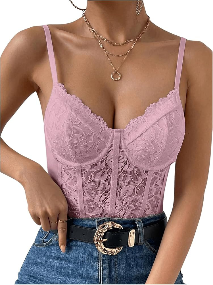 COZYEASE Women's Lace Bustier Cami Bodysuit Plain Sleeveless Slim Fit Sheer Mesh Corset Top Rompe... | Amazon (US)