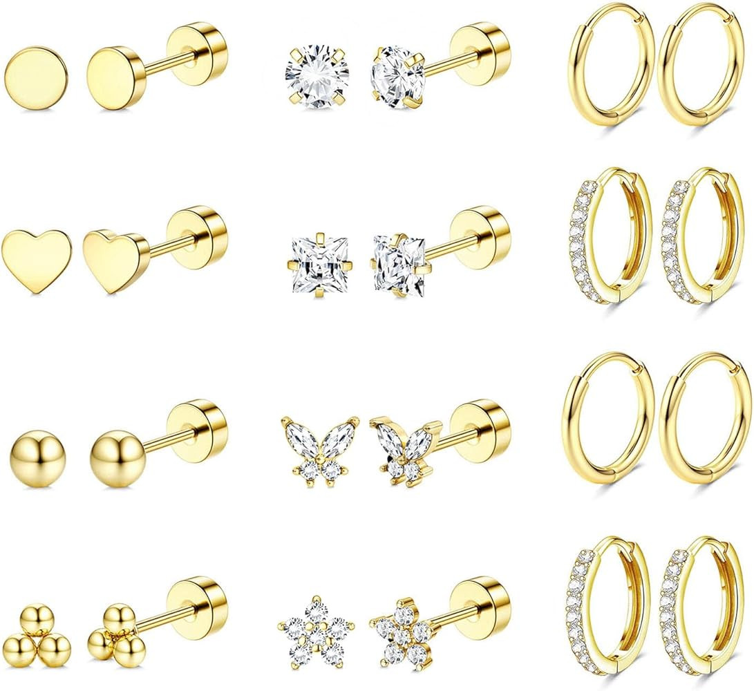 Jstyle Hypoallergenic Surgical Steel Earrings for Sensitive Ears 14K Gold Flat Back Earrings for ... | Amazon (US)