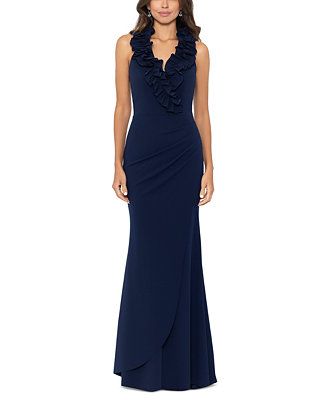 Women's Ruffled-V-Neck Sleeveless Ruched Gown | Macy's