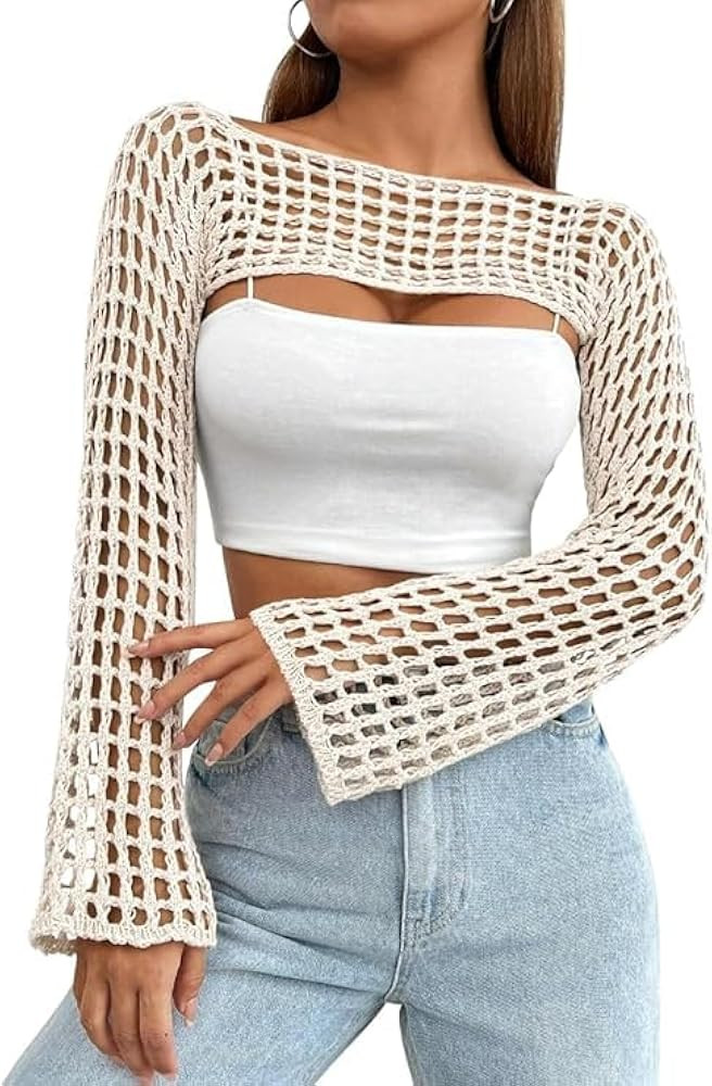 Womens Crochet Crop Tops Y2k Knit Shrug Sweater Hollow Out Long Sleeve Bikini See Through Cover U... | Amazon (US)