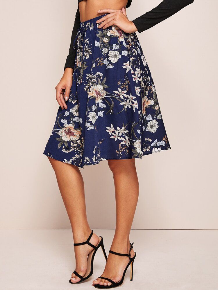 SHEIN Floral Print Tie Waist A-line Skirt | SHEIN