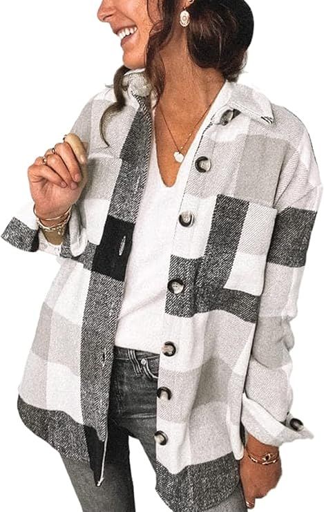 Sidefeel Women Plaid Long Sleeve Button Down Collar Long Shirt Oversized Coat | Amazon (US)