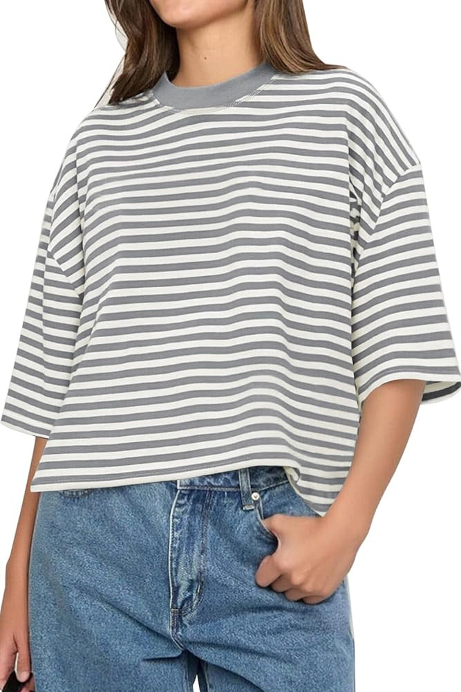 CHYRII Womens Oversized Striped T Shirts Short Sleeve Fashion 2026 Casual Crewneck Summer Y2K Clo... | Amazon (US)