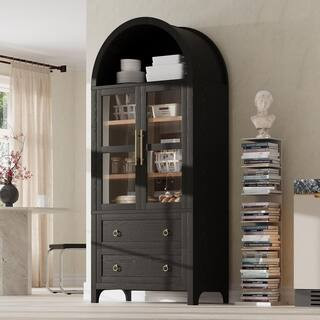 Black 71 in. Tall Arched Storage Cabinet with 2 Large Drawers, Adjustable Shelves, Glass Door, Versatile Cupboard | The Home Depot