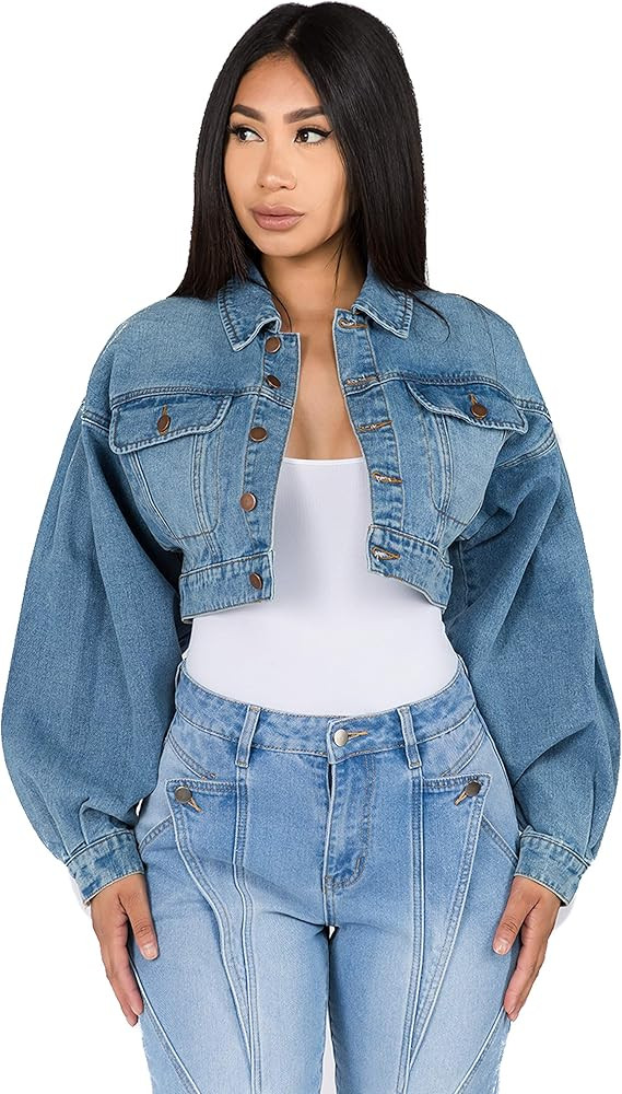 Twiin Sisters Women's Stretchy Button Down Long Sleeve Distressed Casual Crop Denim Jean Jackets ... | Amazon (US)