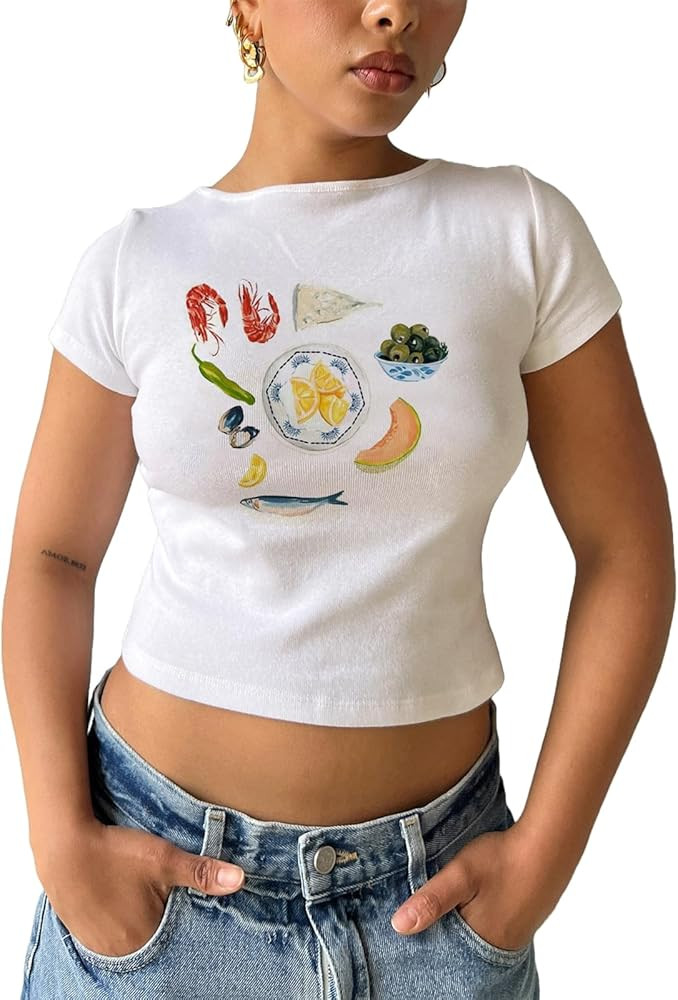 Women Y2k Baby Tee Graphic Short Sleeve Crop Top Cute Slim Summer Teen Girls T Shirts Pullover Pr... | Amazon (US)
