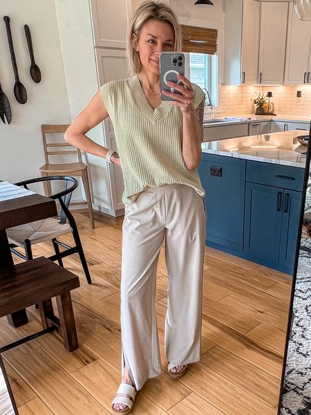 These are the softest, drapey pants! I love the color, looks so cute with this sweater vest. Pants are marked down to $23.99, wearing XS. 

#LTKfindsunder50 #LTKsalealert #LTKover40