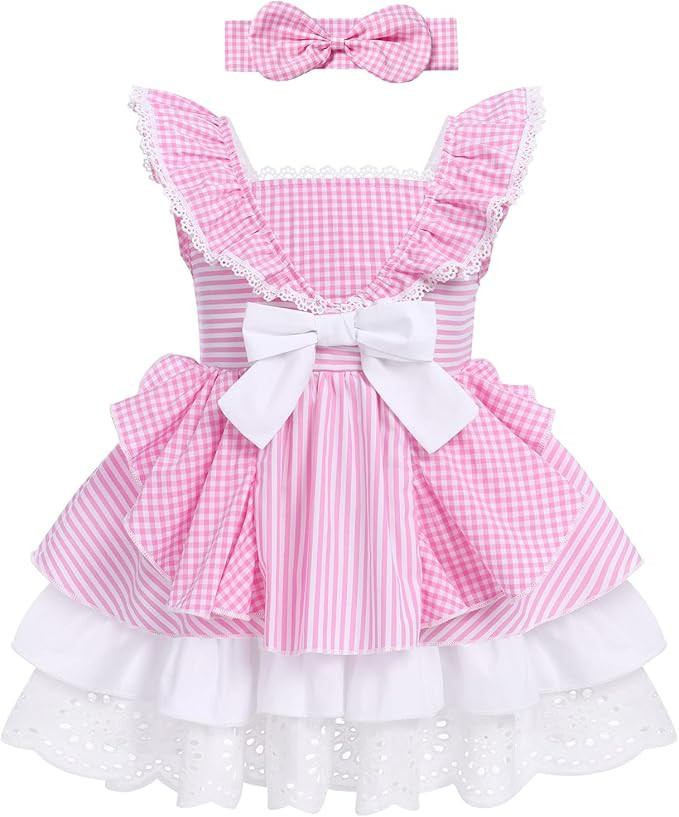 Baby Girl Tutu Dress Toddler Plaid Outfit Striped Gingham Ruffle Princess Birthday Party Dress Bo... | Amazon (US)