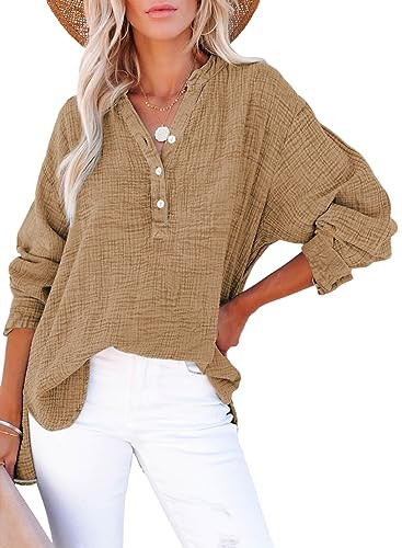 Dokotoo Womens Casual Button V Neck Long Sleeve Shirts Oversized Solid Blouses Tops | Amazon (US)