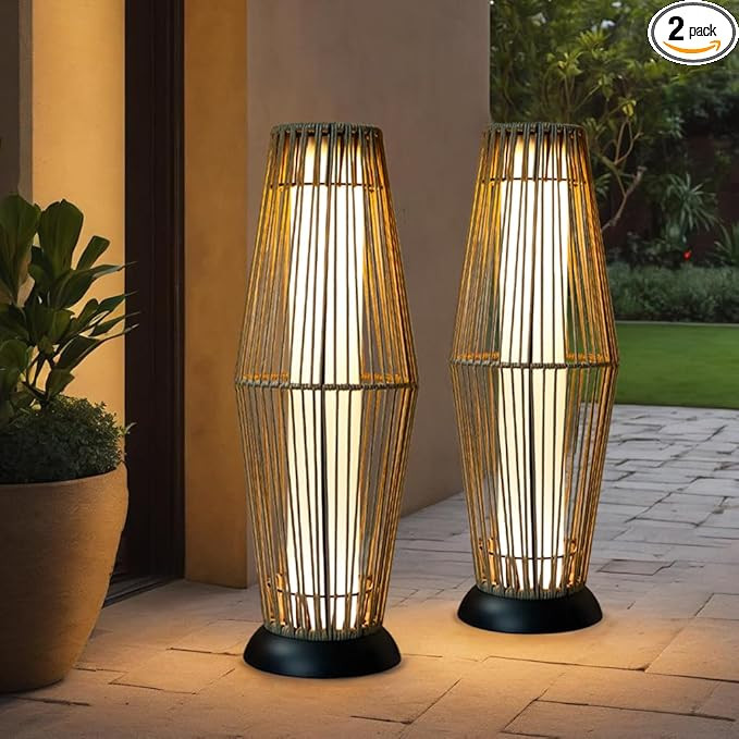 TRIROCKS Outdoor Floor Lamp 2 Piece Solar Powered Lantern Wicker Solar Patio Lamp with Olifen Rop... | Amazon (US)