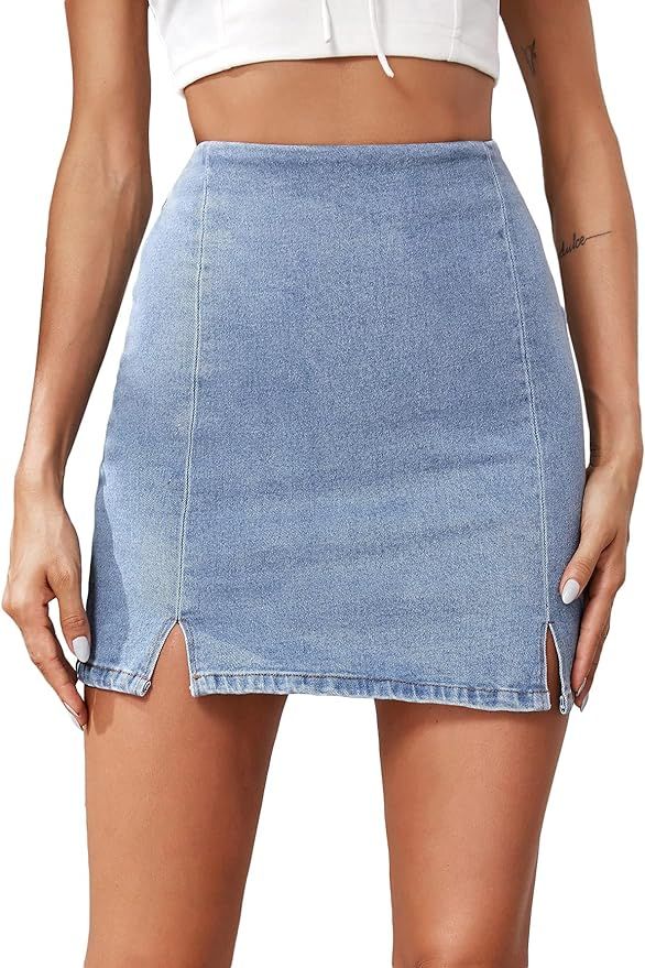 Milumia Women's High Waisted Slit Hem Bodycon Denim Skirt Zip Back Mini Skirt | Amazon (US)