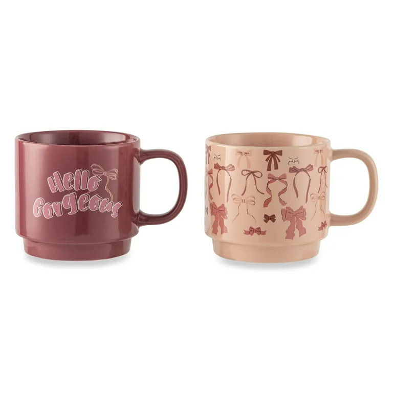 Thyme & Table 2 Pack Stacking Hello Gorgeous and Pink Bows Mugs 14.2 fl oz, Stoneware - Walmart.c... | Walmart (US)