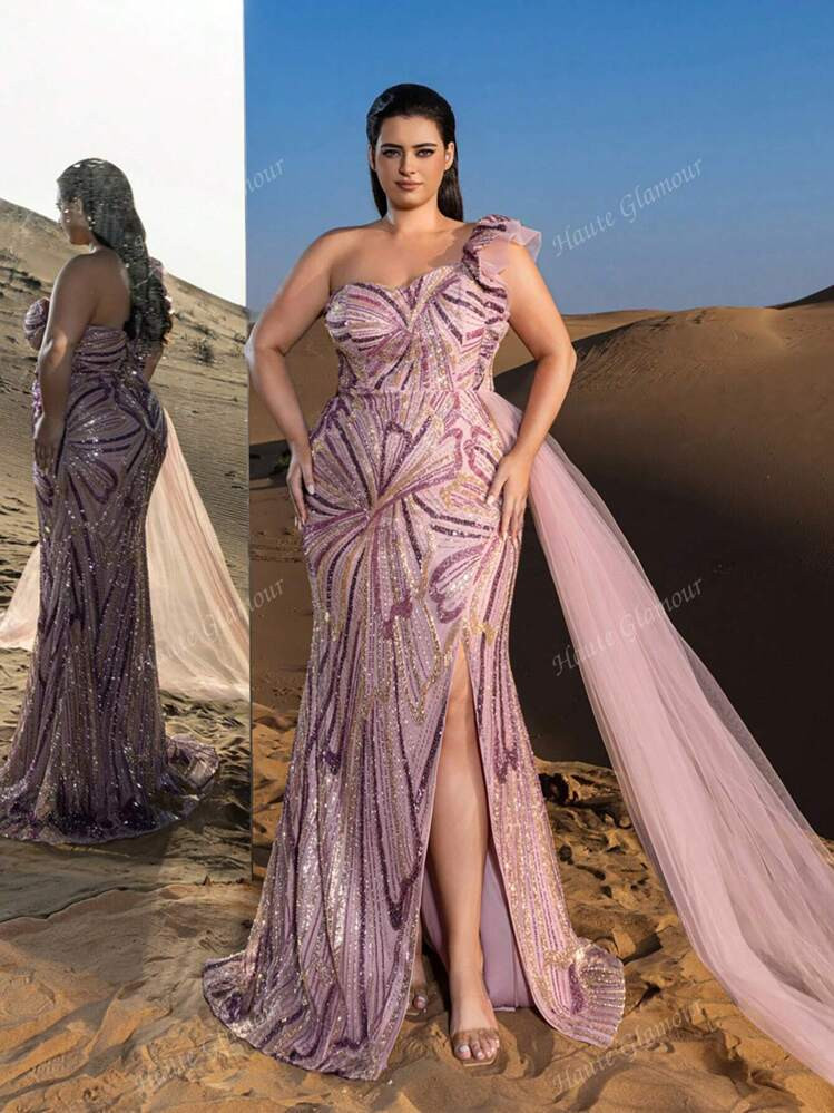 Plus Gorgeous One Shoulder Ruffle Trim Split Thigh Beaded Formal Dresses & Evening Gowns | SHEIN