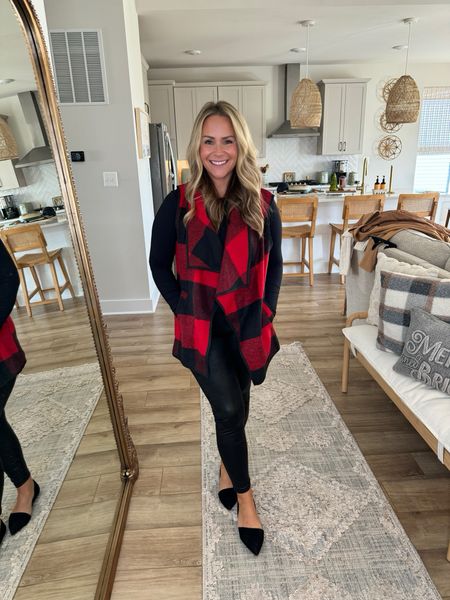 Amazon casual holiday look 🎄 red and black plaid vest paired with a black bodysuit, matte faux-leather leggings and black flats.

I’m wearing a Large in everything, shoes can be dressed up or down! 

#LTKstyletip #LTKfindsunder50 #LTKmidsize