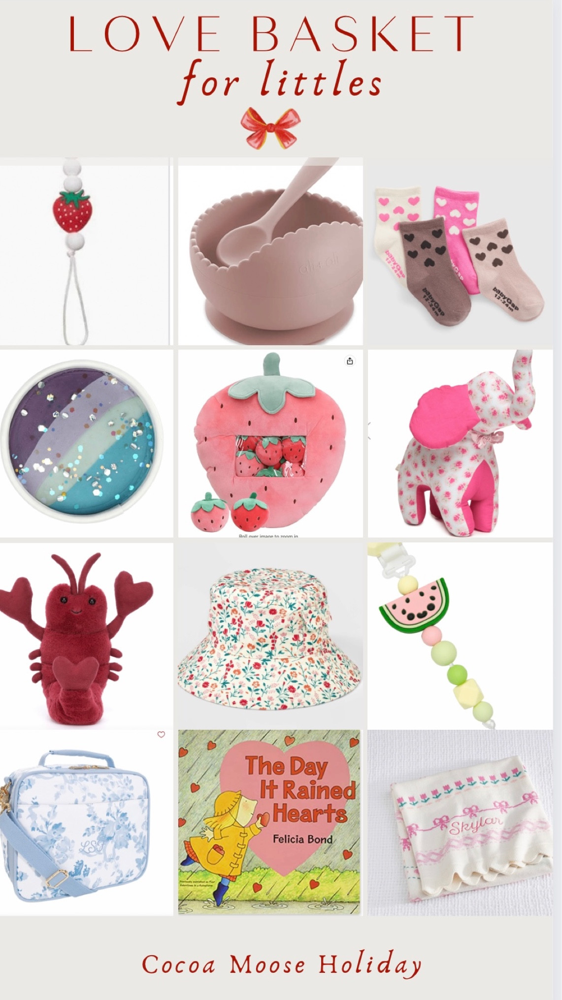 Love basket for Valentines Day for baby girls! Valentines Day baby gifts, fruit pacifier clips, strawberry paci clips, watermelon, jellycat, floral bucket hat, strawberry plush pillow, fun socks, scalloped silicone bowl, Valentine’s Day books, floral lunchbox and more! 

#LTKGiftGuide #LTKbaby #LTKkids