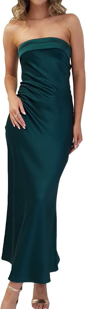Satin Silk Backless Tube Tops Maxi Dress for Women Low Back Hollow Out Elegant Strapless Long Dre... | Amazon (US)