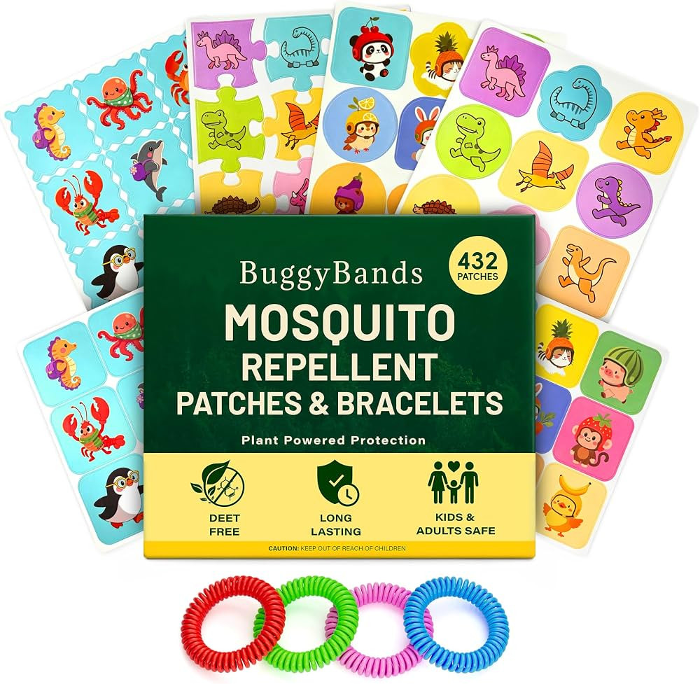 BuggyBands Mosquito Repellent Stickers for Kids (432 Patches) + 4 Mosquito Bands \u2013 Upgraded ... | Amazon (US)