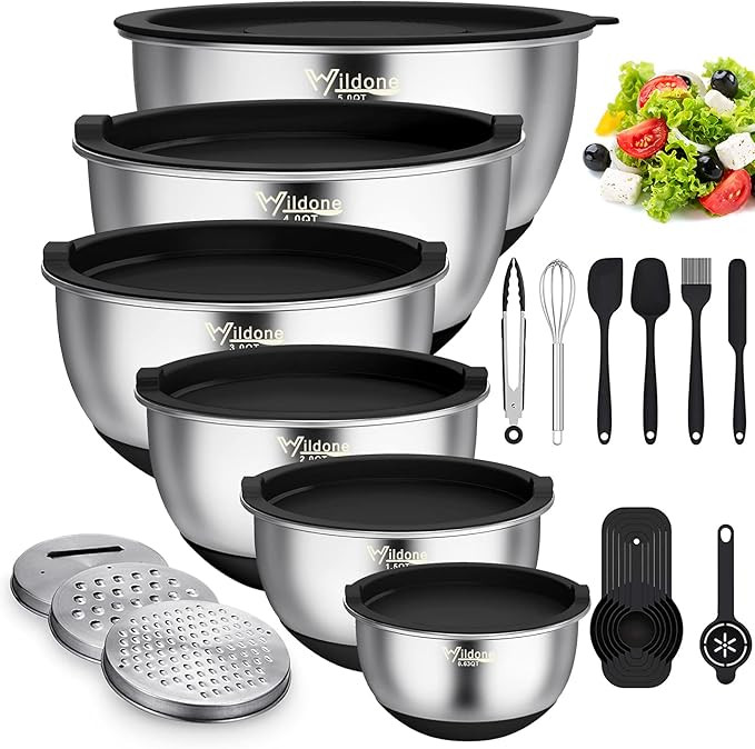 Wildone Mixing Bowls with Airtight Lids, 22 PCS Stainless Steel Mixing Bowls Set, 3 Grater Attach... | Amazon (US)