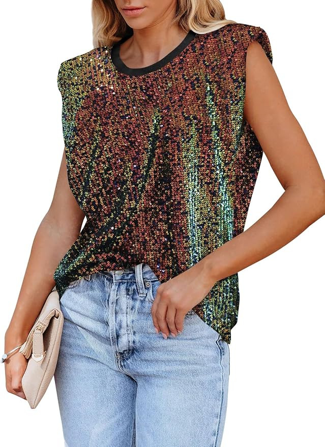 miduo Womens Crewneck Sequin Shoulder Padded Tops Sparkle Shimmer Blouses Shirts and Tops | Amazon (US)