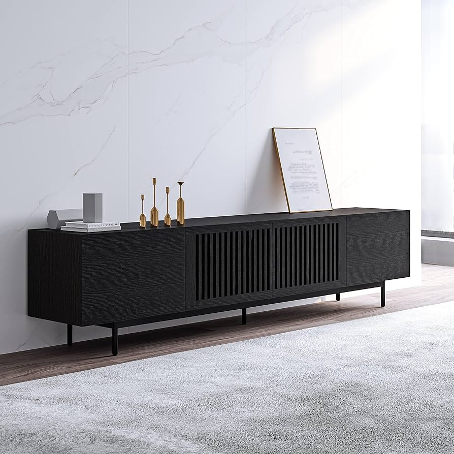 Amazon.com: POVISON TV Stand, Assembly-Free Black TV Console for 65+ Inch TV, 70 Inch Slatted Woo... | Amazon (US)