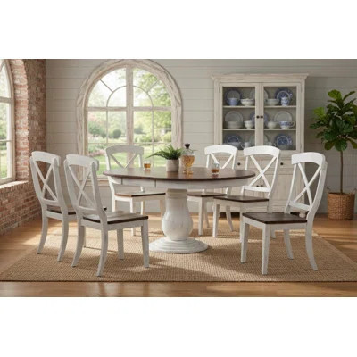 7 - Piece Round Extendable Solid Wood Pedestal Dining Set in White and Cocoa Brown | Wayfair North America