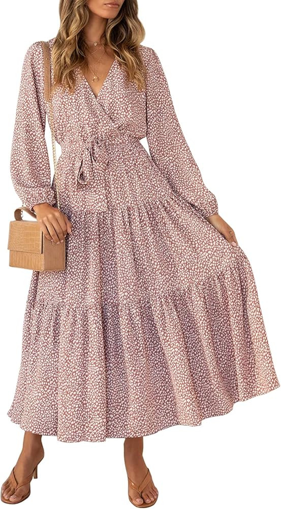 MITILLY Women's Boho Leopard Print Ruffle Long Sleeve V Neck Casual Flowy Party Maxi Dress | Amazon (US)