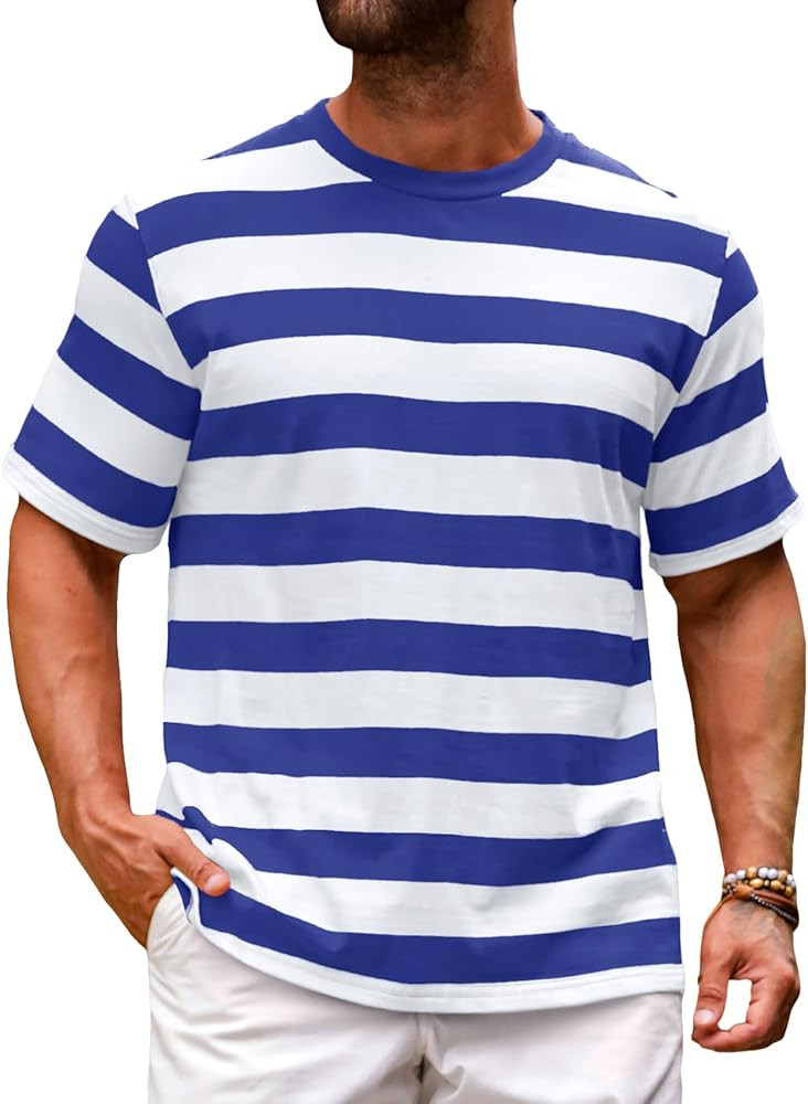 Runcati Mens Short Sleeve T-Shirts Striped Casual Crewneck Basic Shirt Color Block Stretch Summer... | Amazon (US)