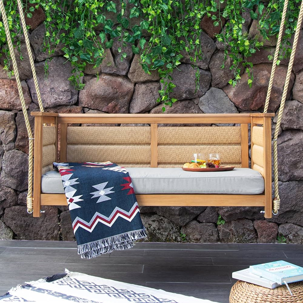 Blaine Teak Wood Porch Swing with Oyster Cushion | Amazon (US)