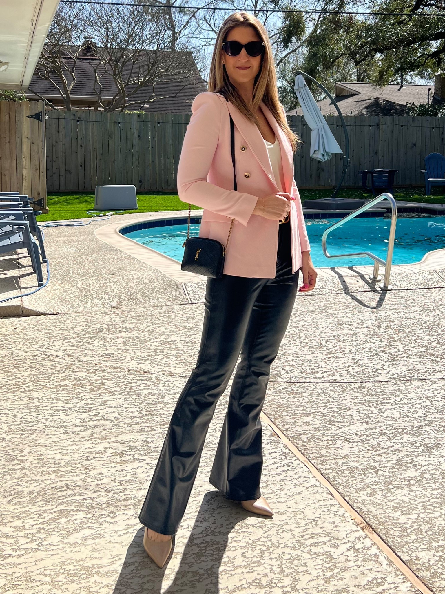 A blush pink blazer is a must for spring. Whether you pair it with a matching trouser, dress it down with denim or make it edgy with leather pants there are so many great options to take you from work to weekend. 

My sunglasses and pumps are on sale! 🤩

Pants run small. Size up. Wearing a 29. 

#LTKStyleTip #LTKOver40 #LTKSpringSale