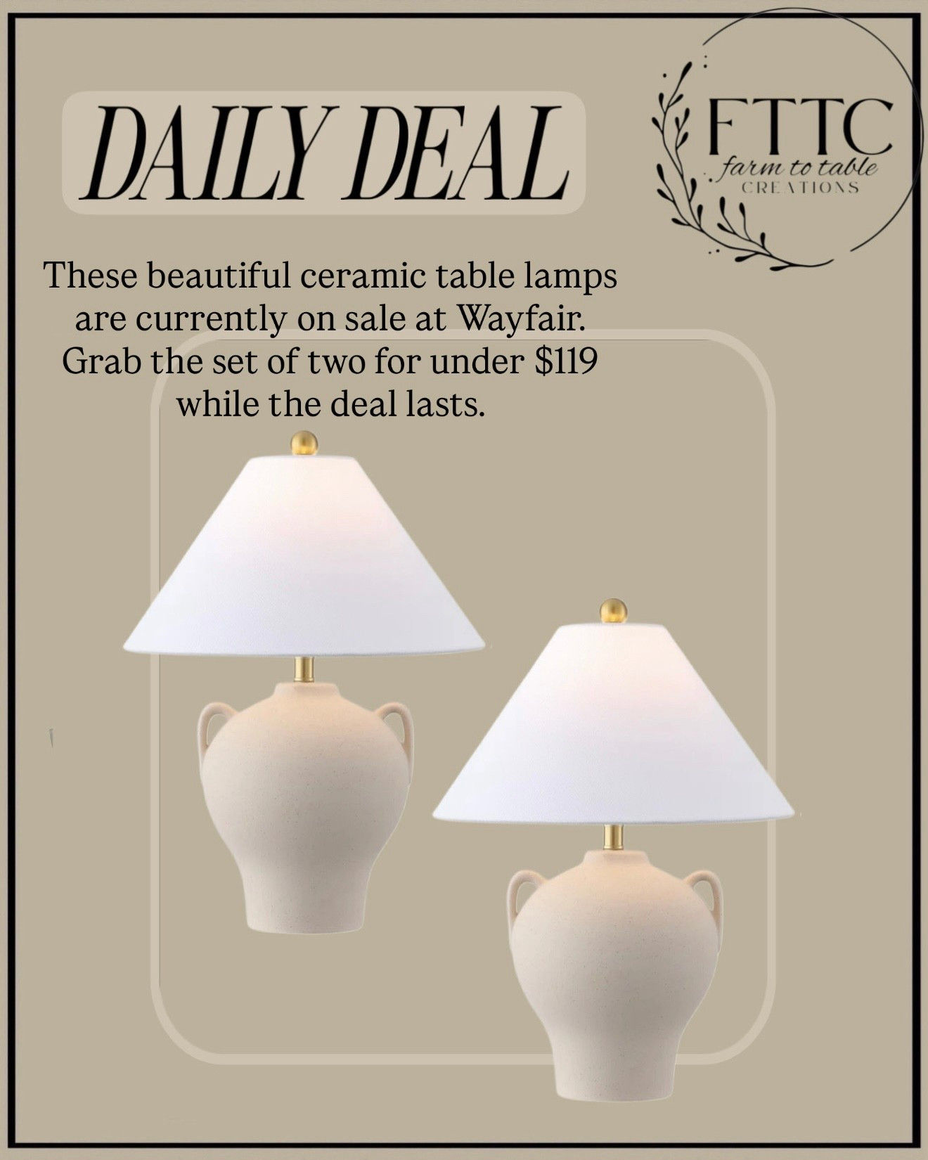 Neutral Ceramic Table Lamps on Sale – Set of Two Under $119

Follow @farmtotablecreations on Instagram for more home styling ideas and daily decor finds.

These neutral ceramic table lamps are such a beautiful way to add warmth and texture to a space. I love the classic shape and soft linen shade, and right now you can grab the set of two for under $119 at Wayfair, which is such a great deal.

Perfect for nightstands, living room side tables, or a cozy console table moment.

#tablelamps #homedecor #lighting #wayfairfinds #bedroomdecor #livingroomdecor #neutraldecor #lamps #sidetabledecor

#LTKHome #LTKSaleAlert