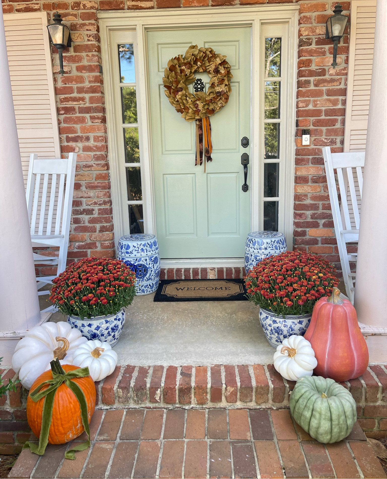 Fall front porch 🍁🍂!! Love the blue and white mixed in 🤍💙

#LTKSeasonal #LTKhome #LTKsalealert